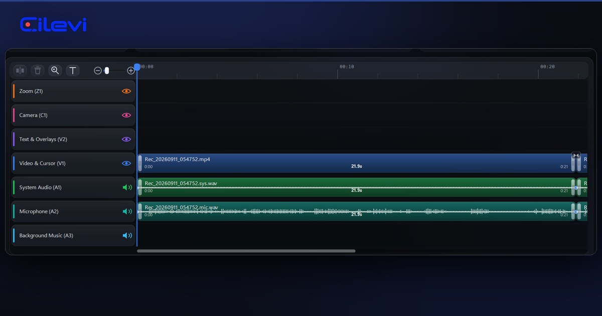 The Cilevi timeline ruler with silence chips over a waveform, and the filler word review panel beside it