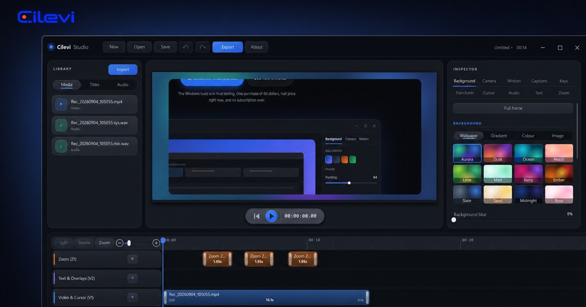 The Cilevi Creator Studio, with a recording on a gradient background and the zoom, video and audio lanes on the timeline